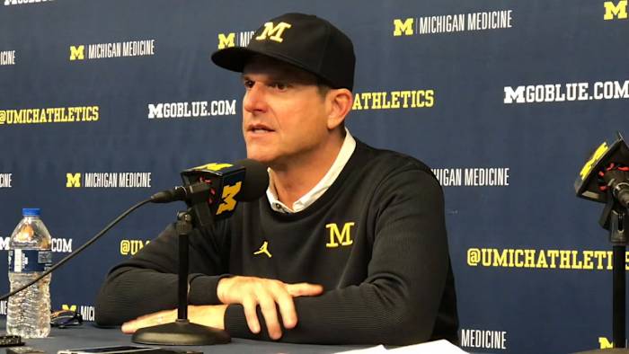 2019-11-16 Jim Harbaugh, Shea Patterson, game ball